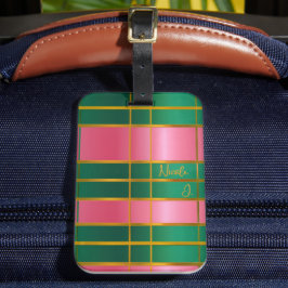 Stijlvol gemonogrammeerd krachtig roze & groen, go bagagelabel