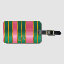 Stijlvol gemonogrammeerd krachtig roze & groen, go bagagelabel