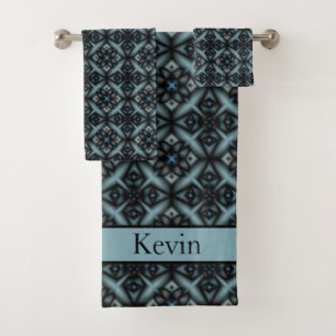 stijlvol, geometrisch, blauw, zwart, oosterlijk, bad handdoek