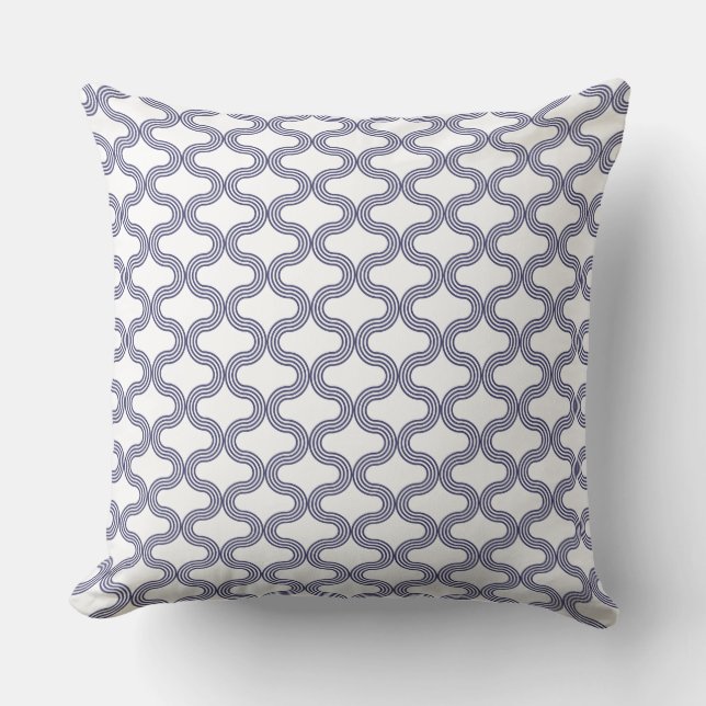 Stijlvol geometrisch golfpatroon Navy Wit Kussen (Voorkant)