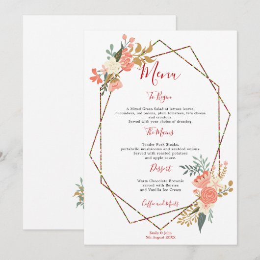 Stijlvol geometrisch Lijst Ambrose Florals Bruilof Menu (Voorkant / Achterkant)