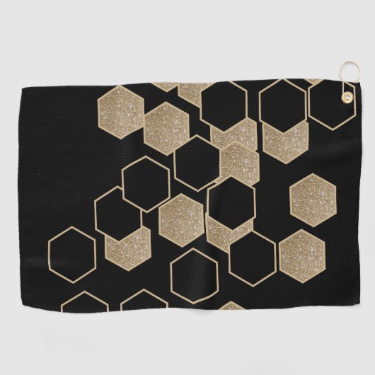stijlvol geometrisch zwart-goudhexagonpatroon golfhanddoek (Horizontaal)