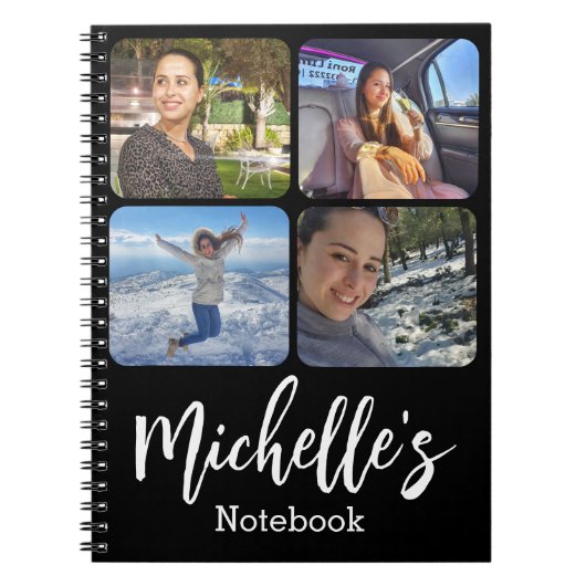 stijlvol, gepersonaliseerd 4 foto's collage zwart  notitieboek (Voorkant)