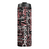 Stijlvol gepersonaliseerde roze namen op zwart thermosbeker (Voorkant)