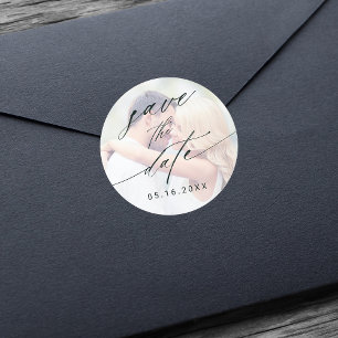 Stijlvol gevlekt fotohuwelijk sparen de datum ronde sticker