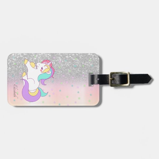 Stijlvol Glitter Bokeh, Unicorn, Stars Bagagelabel (Voorkant horizontaal)
