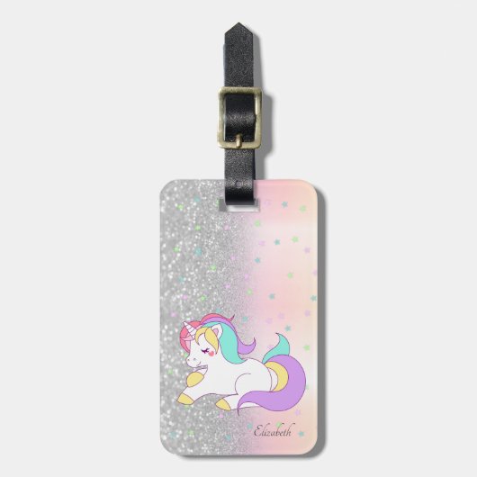 Stijlvol Glitter Bokeh, Unicorn, Stars Bagagelabel (Voorkant verticaal)