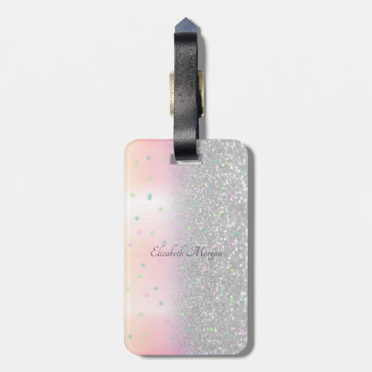 Stijlvol Glitter Bokeh, Unicorn, Stars Bagagelabel (Achterkant verticaal)