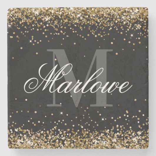 Stijlvol Gold Glitter Black White Monogram Stenen Onderzetter (Voorkant)