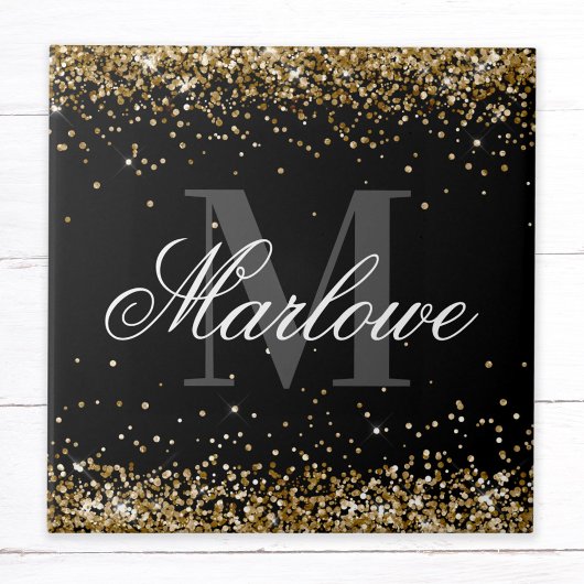 Stijlvol Gold Glitter Black White Monogram Tegeltje