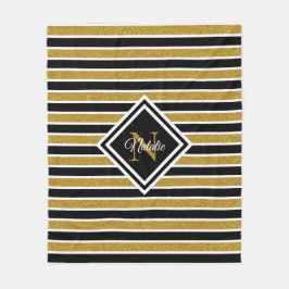 Stijlvol Gold Glitter Black White Stripes Monogram Fleece Deken