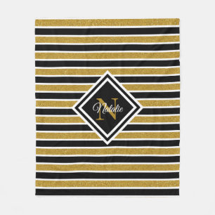 Stijlvol Gold Glitter Black White Stripes Monogram Fleece Deken