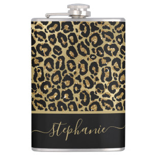Stijlvol Gold Glitter Leopard Animal Print Monogra Heupfles