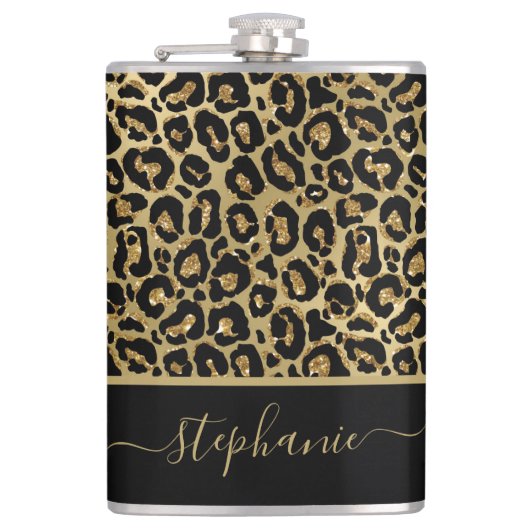 Stijlvol Gold Glitter Leopard Animal Print Monogra Heupfles (Voorkant)