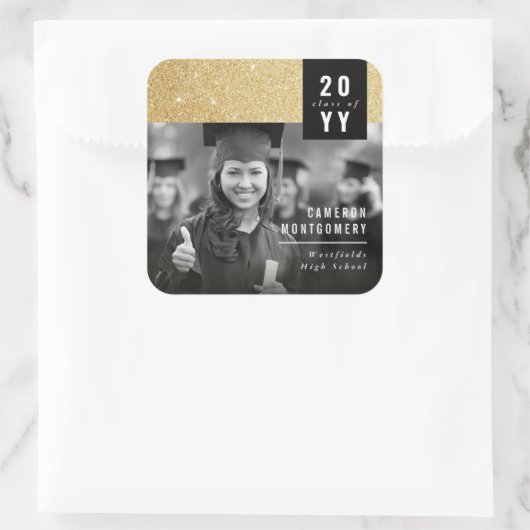 Stijlvol Gold Glitter Modern Chic Photo Afstuderen Vierkante Sticker (Tas)