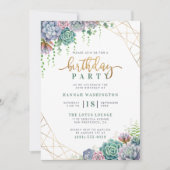Stijlvol Gold Script & Succulents Birthday Party Kaart (Voorkant)