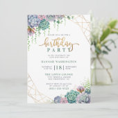 Stijlvol Gold Script & Succulents Birthday Party Kaart (Staand voorkant)