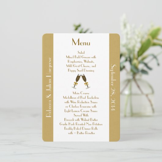Stijlvol Golden Tan en White Custom Wedding Menu (Staand voorkant)