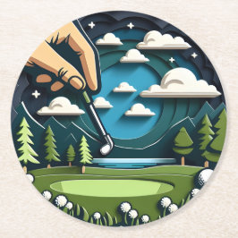 Stijlvol golfdesign met bomen en wolken ronde kartonnen onderzetter