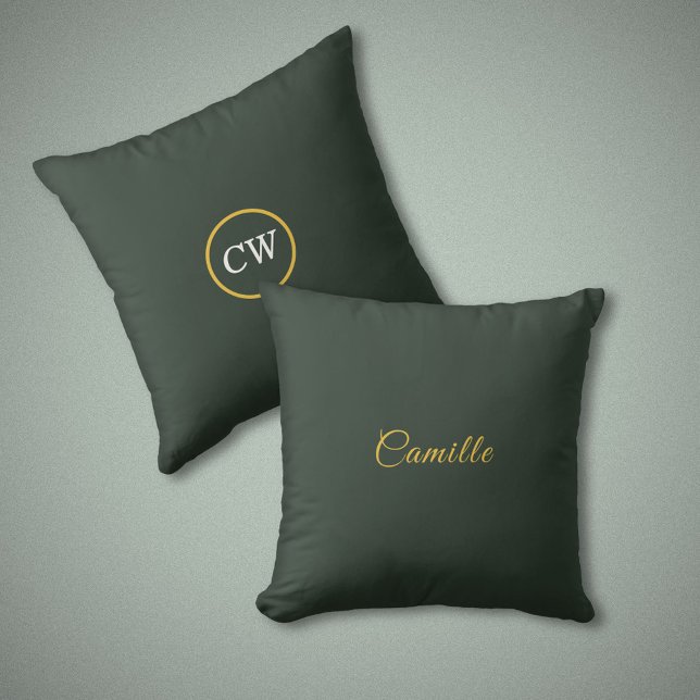 Stijlvol Goud & Bos Groen Monogram Kussen (Stylish Gold & Forest Green Monogram Pillow)
