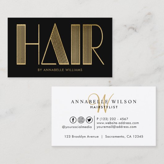 Stijlvol goud en zwarte typografie Haarstylist Visitekaartje (Voorkant / Achterkant)