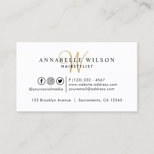 Stijlvol goud en zwarte typografie Haarstylist Visitekaartje (Achterkant)