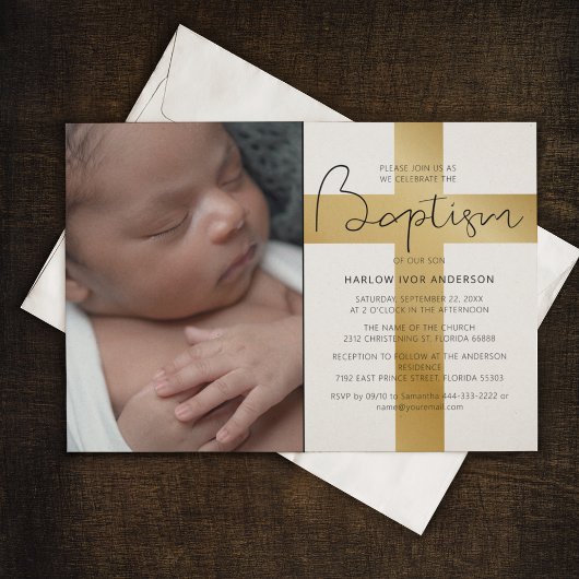 Stijlvol goud | Foto Baptism Invitation Kaart