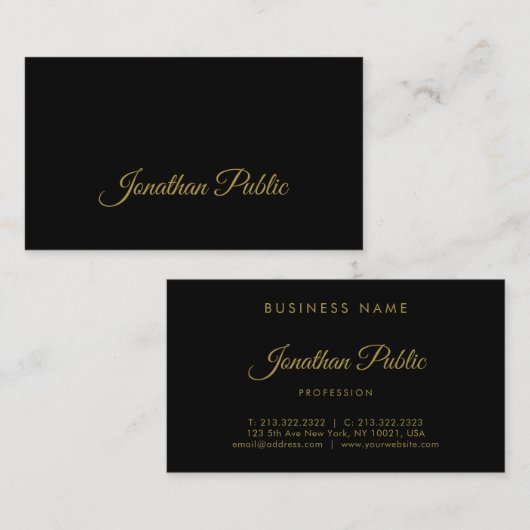 Stijlvol goud handgeschreven script zwart papier visitekaartje (Voorkant / Achterkant)