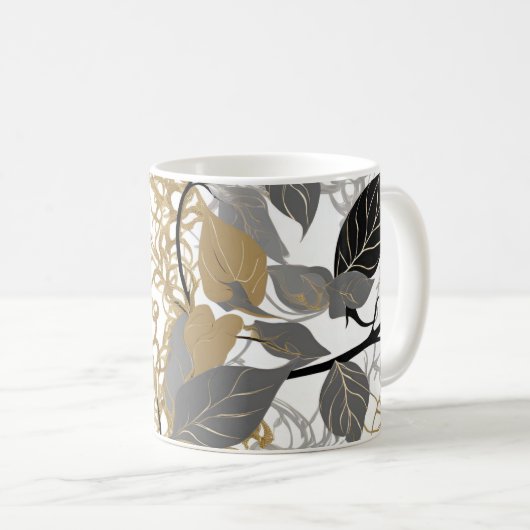 Stijlvol goud, zwart en grijs blad wijnstok ontwer koffiemok (Voorkant rechts)