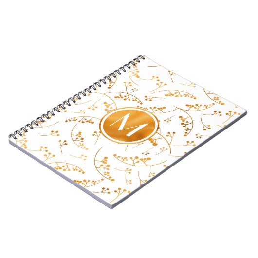 Stijlvol goudbessenpatroon op wit monogram notitieboek (Linkerzijde)
