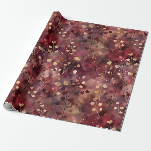 Stijlvol gouden bordeaux abstract bloemmotief cadeaupapier (Uitgerold)