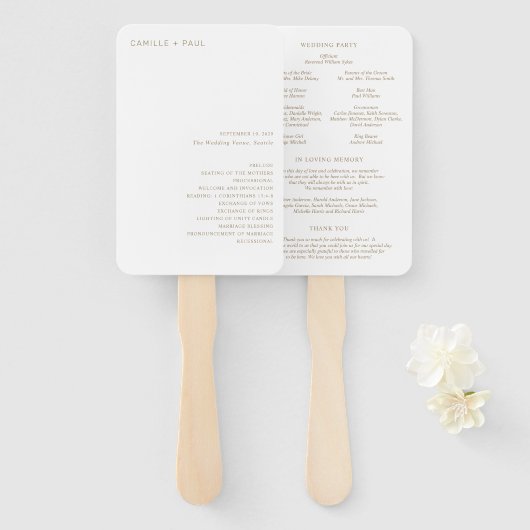 Stijlvol gouden minimalistisch huwelijksprogramma handwaaier (Voorkant en achterkant)