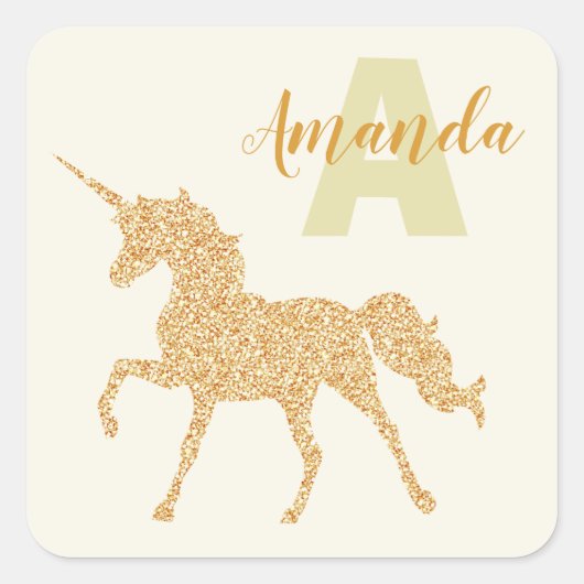 Stijlvol goudglitter unicorn, monogram vierkante sticker (Voorkant)