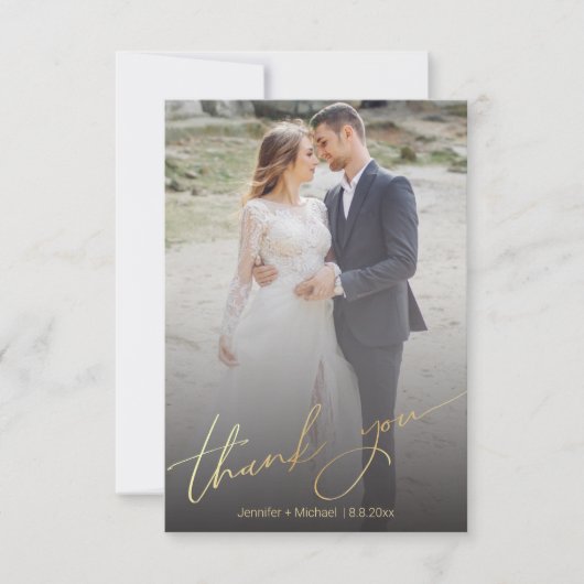 stijlvol goudhandgeschreven trouwdag foto bedankkaart (Voorkant)