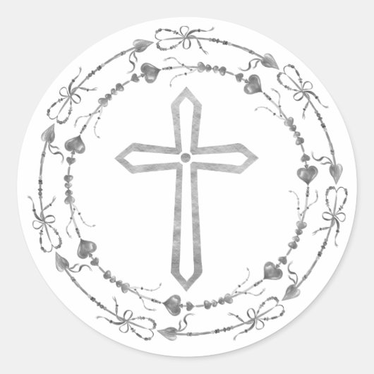 Stijlvol grijs Cross Boho Wreath Baptisme Ronde Sticker (Voorkant)