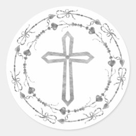 Stijlvol grijs Cross Boho Wreath Baptisme Ronde Sticker
