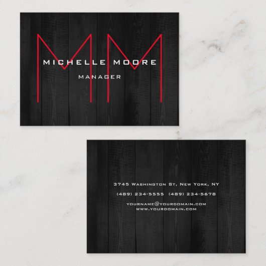 Stijlvol grijs hout Huge Red Monogram Modern Visitekaartje (Voorkant / Achterkant)