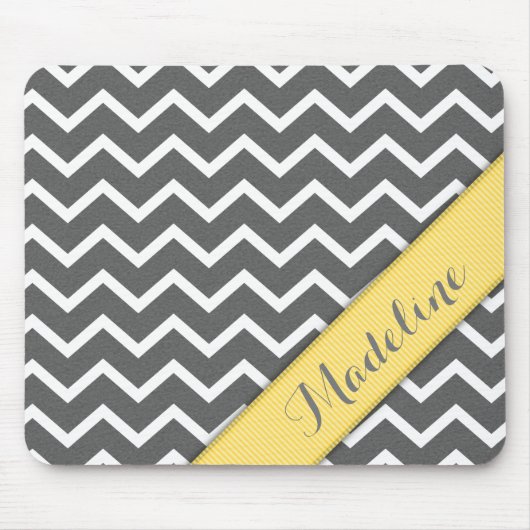 Stijlvol grijs wit Chevron Yellow lint Muismat (Voorkant)