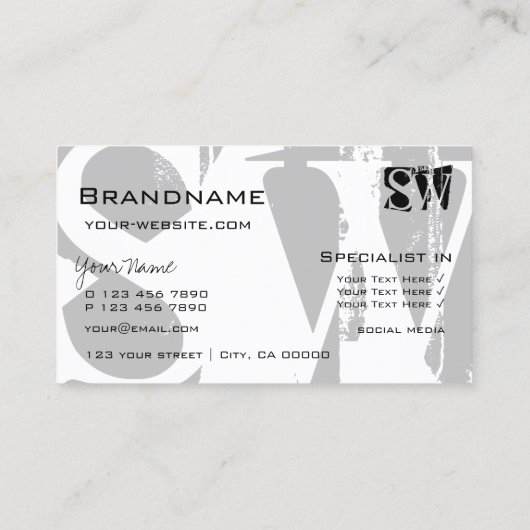Stijlvol grijs wit en zwart met Initialen modern Visitekaartje (Achterkant)
