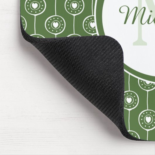 Stijlvol groen en wit monogram met naam muismat (Hoek)