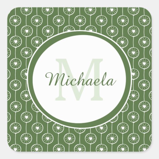 Stijlvol groen en wit monogram met naam vierkante sticker (Voorkant)