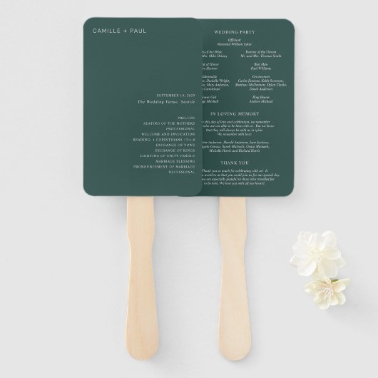 Stijlvol groen minimalistisch trouwprogramma voor handwaaier (Voorkant en achterkant)