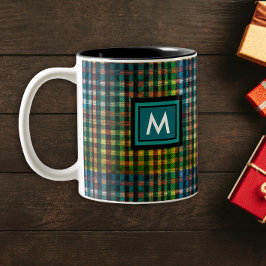 Stijlvol groen Schotse tartanpatroon met monogram Tweekleurige Koffiemok
