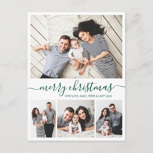 Stijlvol Groen Script 4 Fotocollage Kerstmis Briefkaart (Voorkant)