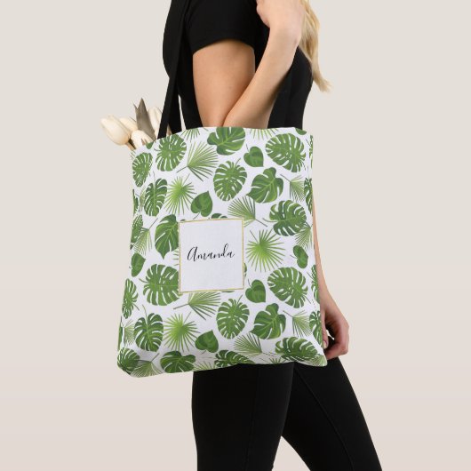 Stijlvol groen tropisch lederpatroon tote bag (Dichtbij)