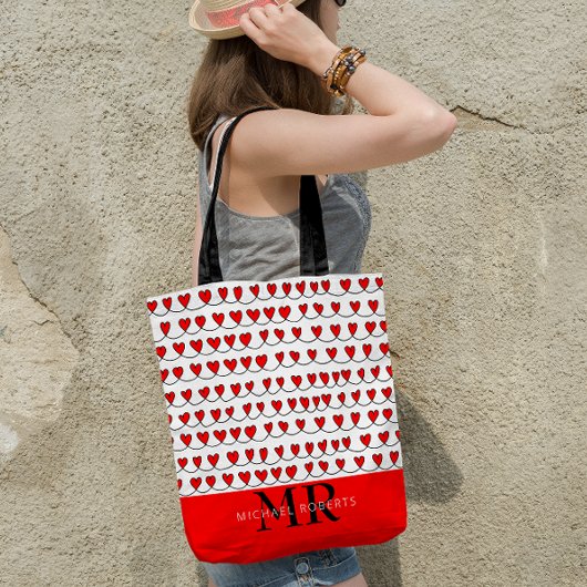 Stijlvol handgetekend hartenpatroon gepersonalisee tote bag