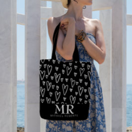 Stijlvol handgetekend hartenpatroon gepersonalisee tote bag