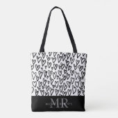 Stijlvol handgetekend hartenpatroon gepersonalisee tote bag (Achterkant)