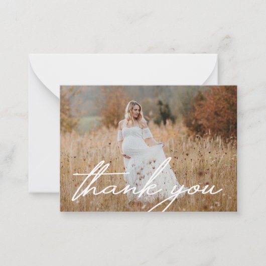 stijlvol handschrift bedankt voor baby shower foto notitiekaartje (Voorkant)