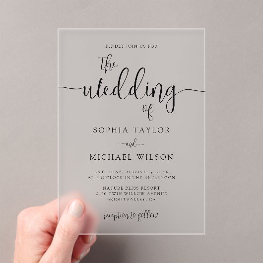 Stijlvol hedendaags script Black Wedding Acryl Uitnodigingen (Insitu (Draagbaar))